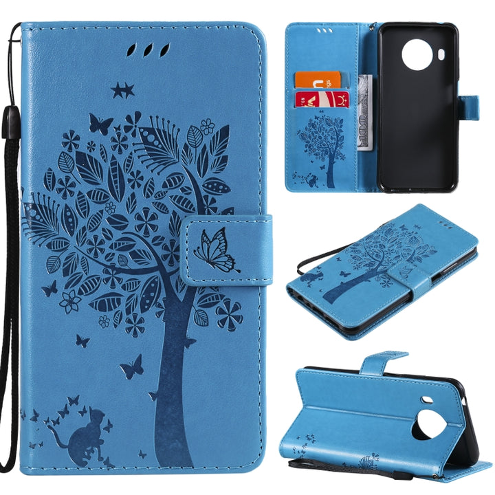 Tree & Cat Pattern Pressed Printing Horizontal Flip PU Leather Case with Holder & Card Slots & Wallet & Lanyard, For Nokia X10, For Nokia 5.3