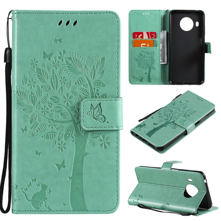 Tree & Cat Pattern Pressed Printing Horizontal Flip PU Leather Case with Holder & Card Slots & Wallet & Lanyard, For Nokia X10, For Nokia 5.3