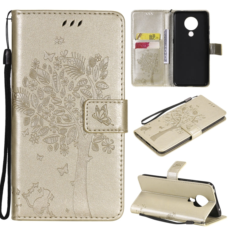 Tree & Cat Pattern Pressed Printing Horizontal Flip PU Leather Case with Holder & Card Slots & Wallet & Lanyard, For Nokia X10, For Nokia 5.3