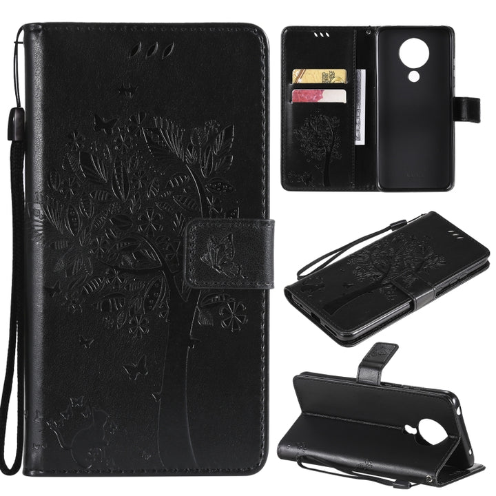 Tree & Cat Pattern Pressed Printing Horizontal Flip PU Leather Case with Holder & Card Slots & Wallet & Lanyard, For Nokia X10, For Nokia 5.3