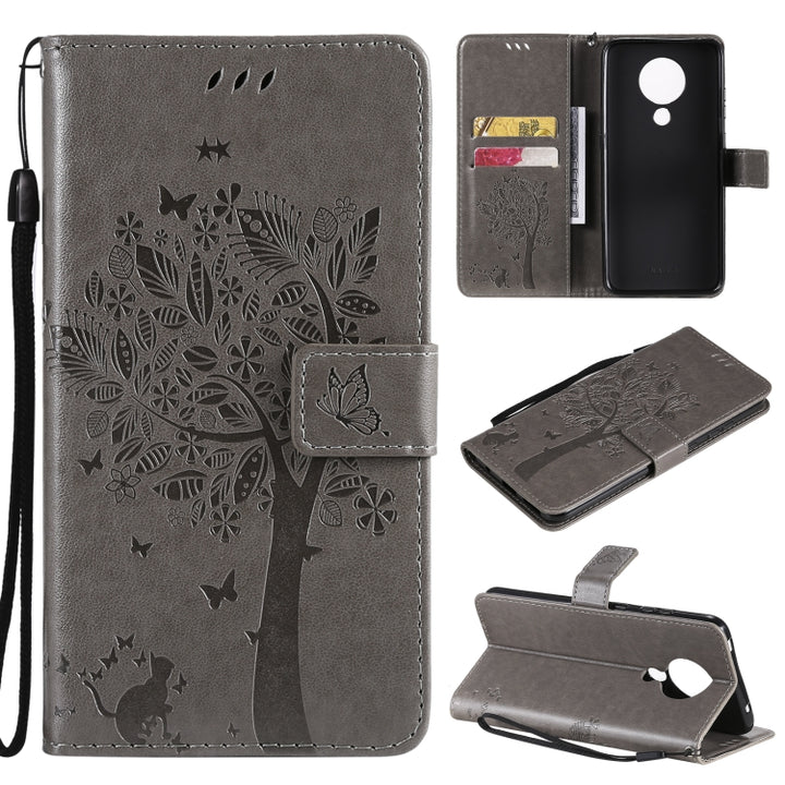 Tree & Cat Pattern Pressed Printing Horizontal Flip PU Leather Case with Holder & Card Slots & Wallet & Lanyard, For Nokia X10, For Nokia 5.3