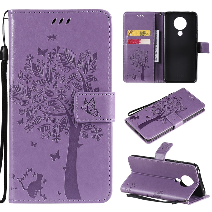 Tree & Cat Pattern Pressed Printing Horizontal Flip PU Leather Case with Holder & Card Slots & Wallet & Lanyard, For Nokia X10, For Nokia 5.3