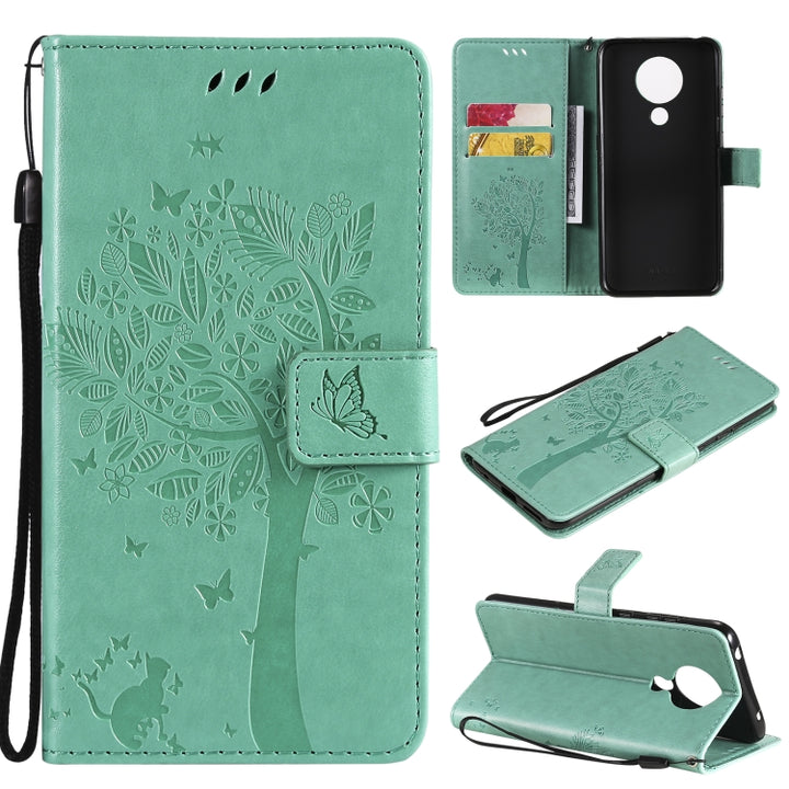 Tree & Cat Pattern Pressed Printing Horizontal Flip PU Leather Case with Holder & Card Slots & Wallet & Lanyard, For Nokia X10, For Nokia 5.3