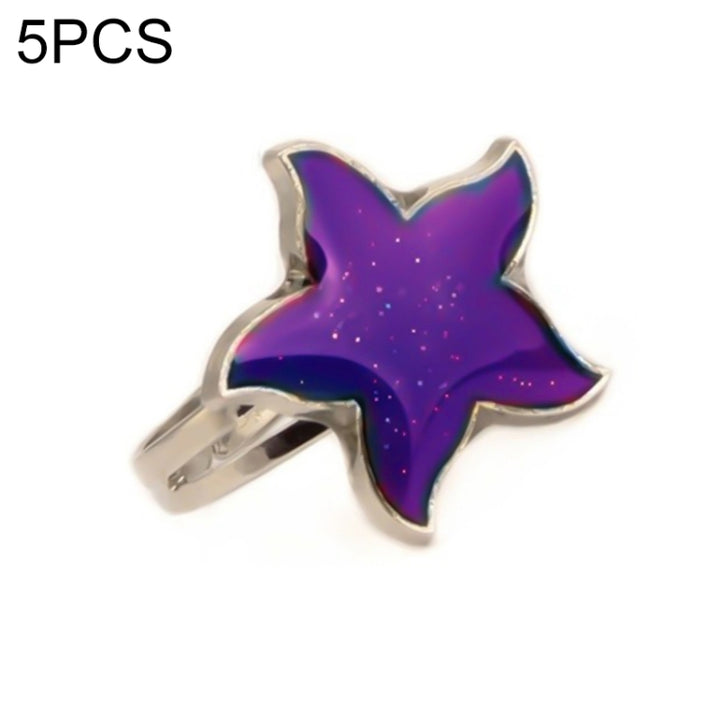 5 PCS Temperature Sensitive Discoloration Adjustable Open Ring, Heart Gem, Straw Hat Sun Shield, Big Starfish, Big Heart Gem, Dolphin Holding Ball, Guitar, Plum Blossom Gem, Clover, Four-leaf Clover, Four-leaf Flower Gems, Sun Gem, Little Dinosaur, Fawn