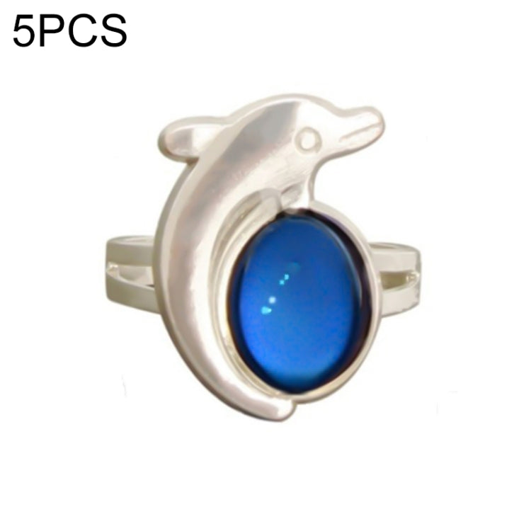 5 PCS Temperature Sensitive Discoloration Adjustable Open Ring, Heart Gem, Straw Hat Sun Shield, Big Starfish, Big Heart Gem, Dolphin Holding Ball, Guitar, Plum Blossom Gem, Clover, Four-leaf Clover, Four-leaf Flower Gems, Sun Gem, Little Dinosaur, Fawn