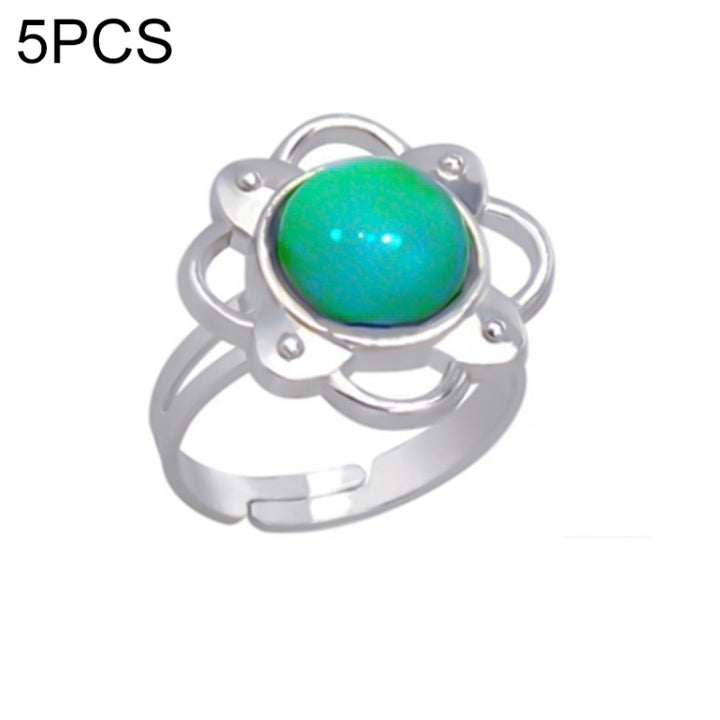 5 PCS Temperature Sensitive Discoloration Adjustable Open Ring, Heart Gem, Straw Hat Sun Shield, Big Starfish, Big Heart Gem, Dolphin Holding Ball, Guitar, Plum Blossom Gem, Clover, Four-leaf Clover, Four-leaf Flower Gems, Sun Gem, Little Dinosaur, Fawn