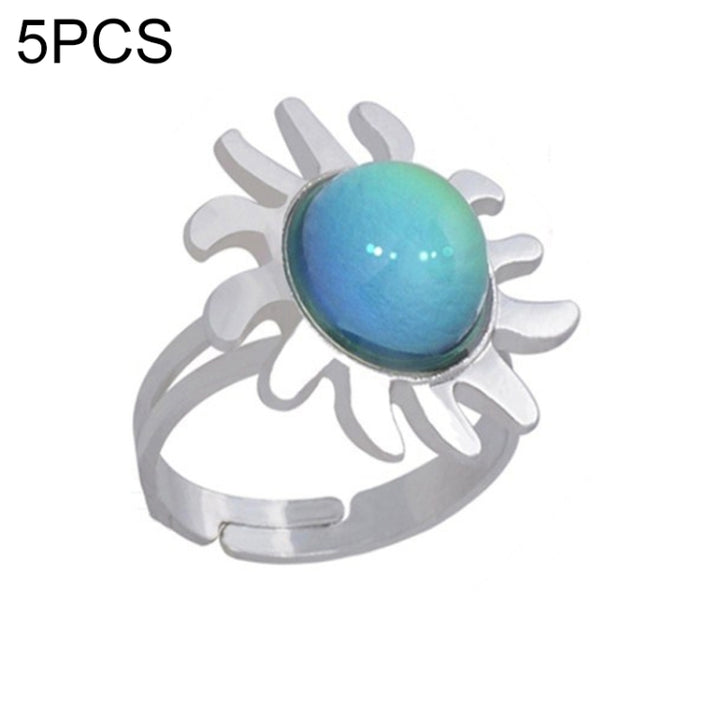 5 PCS Temperature Sensitive Discoloration Adjustable Open Ring, Heart Gem, Straw Hat Sun Shield, Big Starfish, Big Heart Gem, Dolphin Holding Ball, Guitar, Plum Blossom Gem, Clover, Four-leaf Clover, Four-leaf Flower Gems, Sun Gem, Little Dinosaur, Fawn