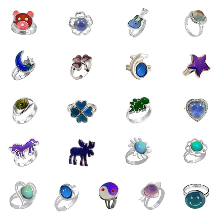 5 PCS Temperature Sensitive Discoloration Adjustable Open Ring, Heart Gem, Straw Hat Sun Shield, Big Starfish, Big Heart Gem, Dolphin Holding Ball, Guitar, Plum Blossom Gem, Clover, Four-leaf Clover, Four-leaf Flower Gems, Sun Gem, Little Dinosaur, Fawn