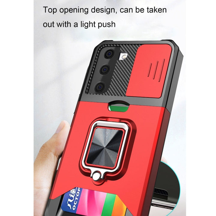 Sliding Camera Cover Design PC + TPU Shockproof Case with Ring Holder & Card Slot, For Samsung Galaxy S21+, For Samsung Galaxy A12