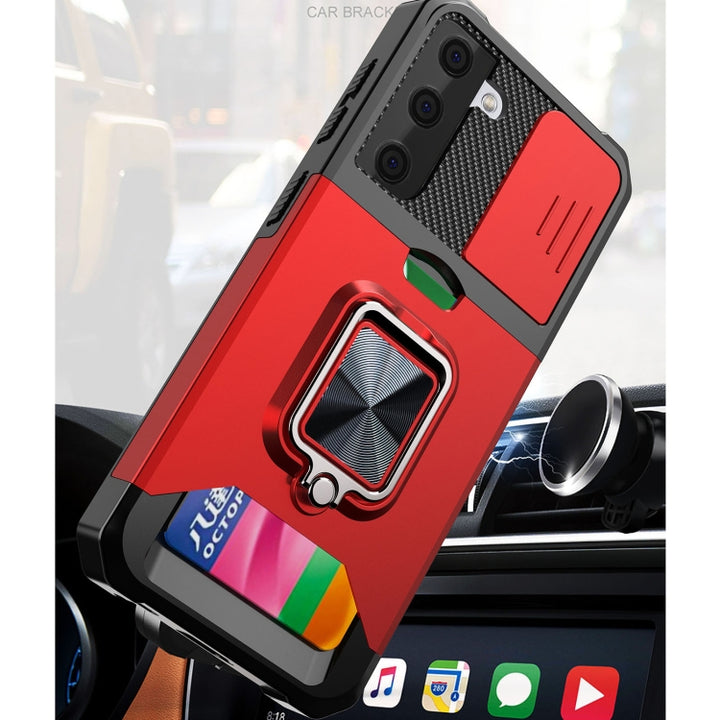 Sliding Camera Cover Design PC + TPU Shockproof Case with Ring Holder & Card Slot, For Samsung Galaxy S21+, For Samsung Galaxy A12