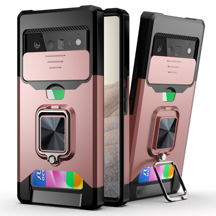 Sliding Camera Cover Design PC + TPU Shockproof Case with Ring Holder & Card Slot, For Google Pixel 6