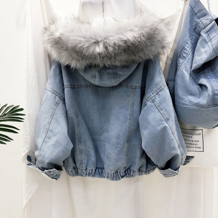 Velvet Thick Denim Jacket Female Winter Big Fur Collar Locomotive Lamb Coat Female Student Short Coat, Size:, S, M, X, XL, XXL