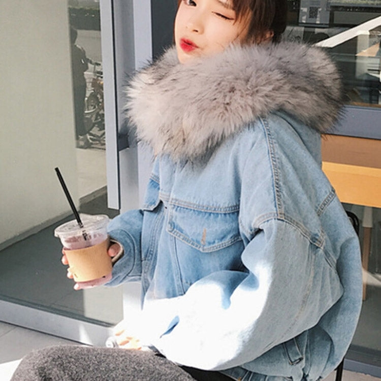 Velvet Thick Denim Jacket Female Winter Big Fur Collar Locomotive Lamb Coat Female Student Short Coat, Size:, S, M, X, XL, XXL