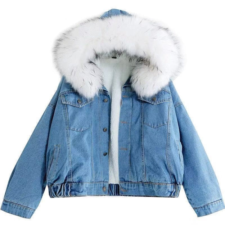 Velvet Thick Denim Jacket Female Winter Big Fur Collar Locomotive Lamb Coat Female Student Short Coat, Size:, S, M, X, XL, XXL