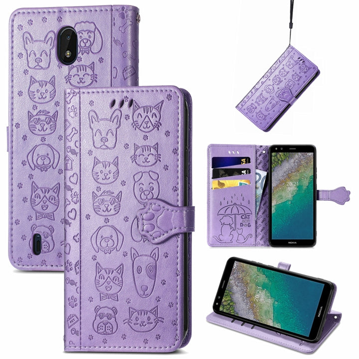 Lovely Cat and Dog Embossing Pattern Horizontal Flip Leather Case , with Holder & Card Slots & Wallet & Cartoon Clasp & Lanyard, For Nokia 2.4, For Nokia 5.4, For Nokia C01 Plus, For Nokia XR20