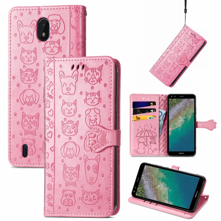 Lovely Cat and Dog Embossing Pattern Horizontal Flip Leather Case , with Holder & Card Slots & Wallet & Cartoon Clasp & Lanyard, For Nokia 2.4, For Nokia 5.4, For Nokia C01 Plus, For Nokia XR20