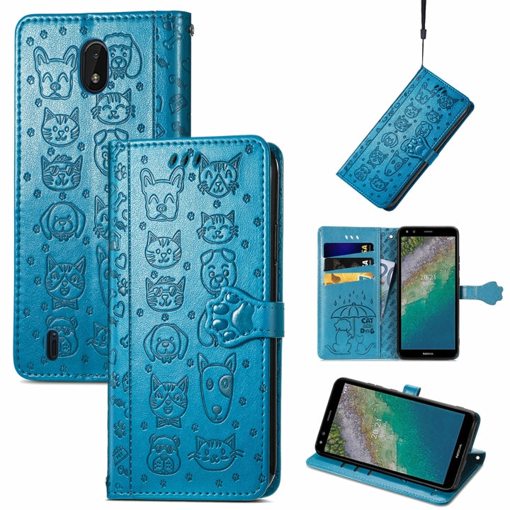 Lovely Cat and Dog Embossing Pattern Horizontal Flip Leather Case , with Holder & Card Slots & Wallet & Cartoon Clasp & Lanyard, For Nokia 2.4, For Nokia 5.4, For Nokia C01 Plus, For Nokia XR20