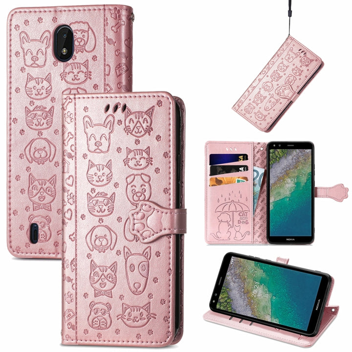 Lovely Cat and Dog Embossing Pattern Horizontal Flip Leather Case , with Holder & Card Slots & Wallet & Cartoon Clasp & Lanyard, For Nokia 2.4, For Nokia 5.4, For Nokia C01 Plus, For Nokia XR20