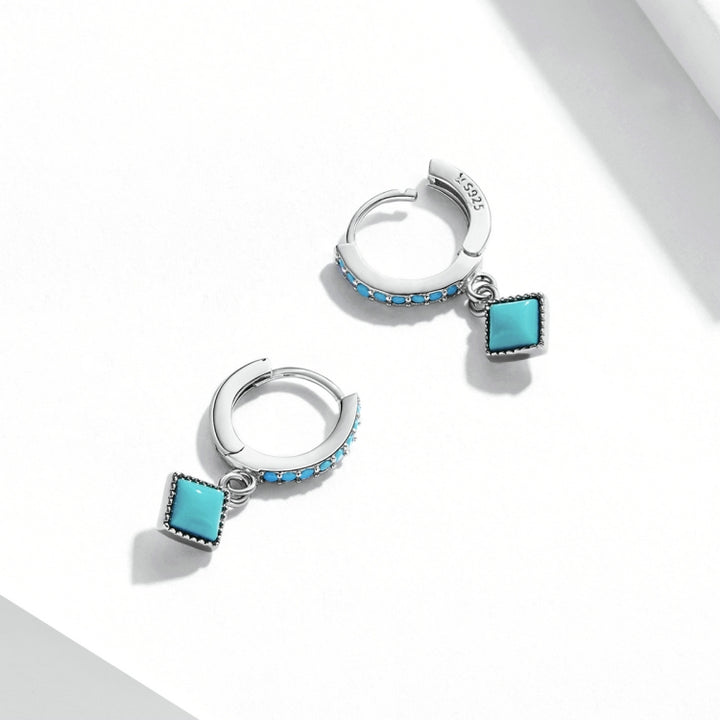 S925 Sterling Silver Rhombus Turquoise Women Earrings, Rhombus Turquoise