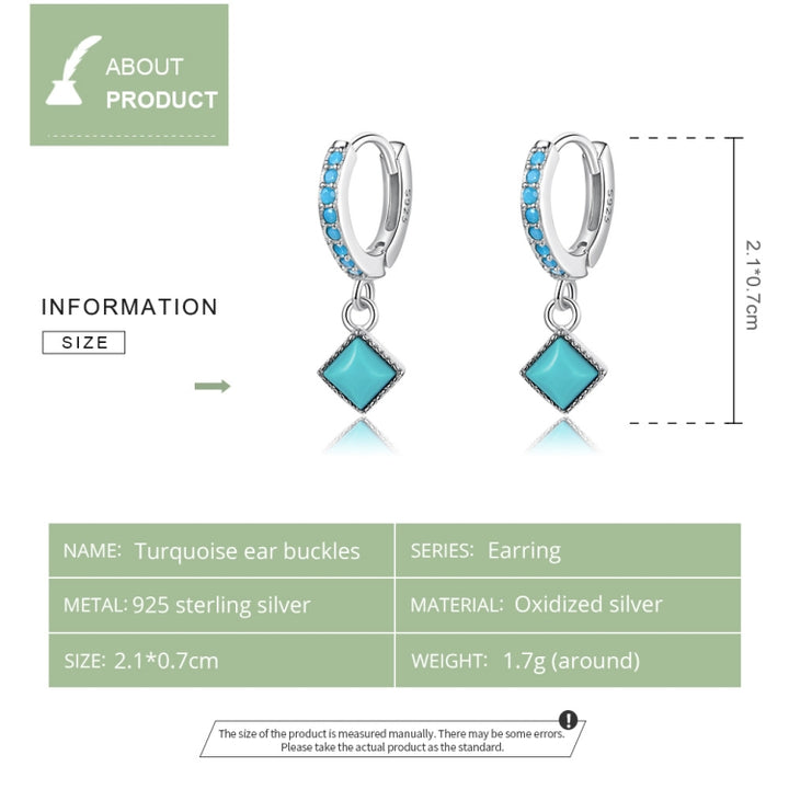 S925 Sterling Silver Rhombus Turquoise Women Earrings, Rhombus Turquoise