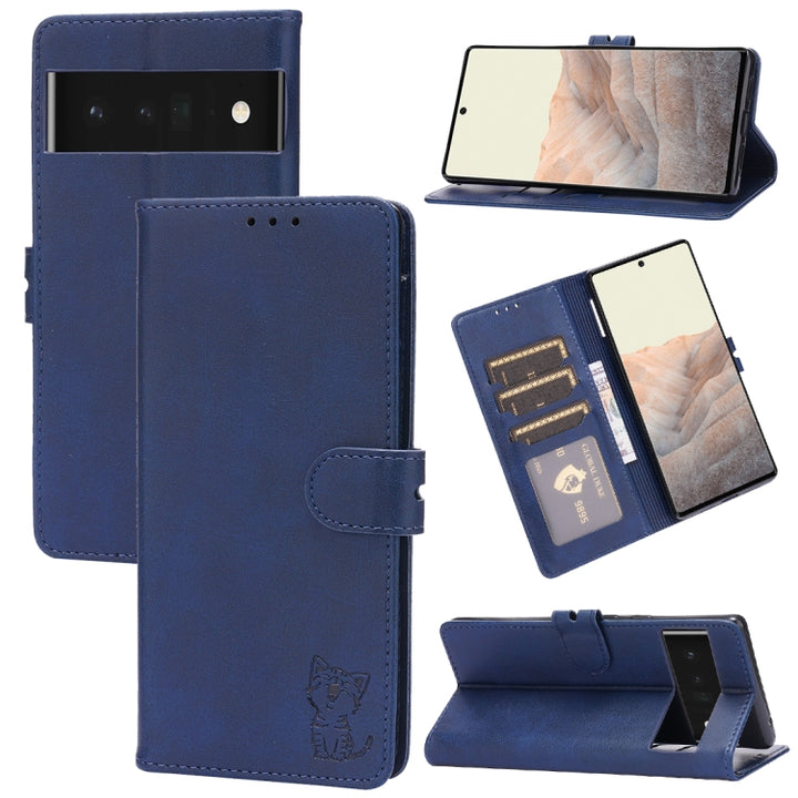 Embossed Happy Cat Pattern Horizontal Flip Leather Case with Holder & Card Slots & Wallet, For Google Pixel 6 Pro