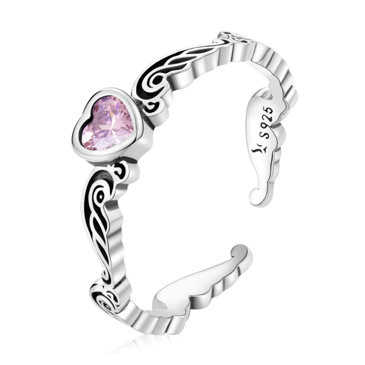 S925 Sterling Silver Retro Flower Heart Women Open Ring, Retro Flower Heart