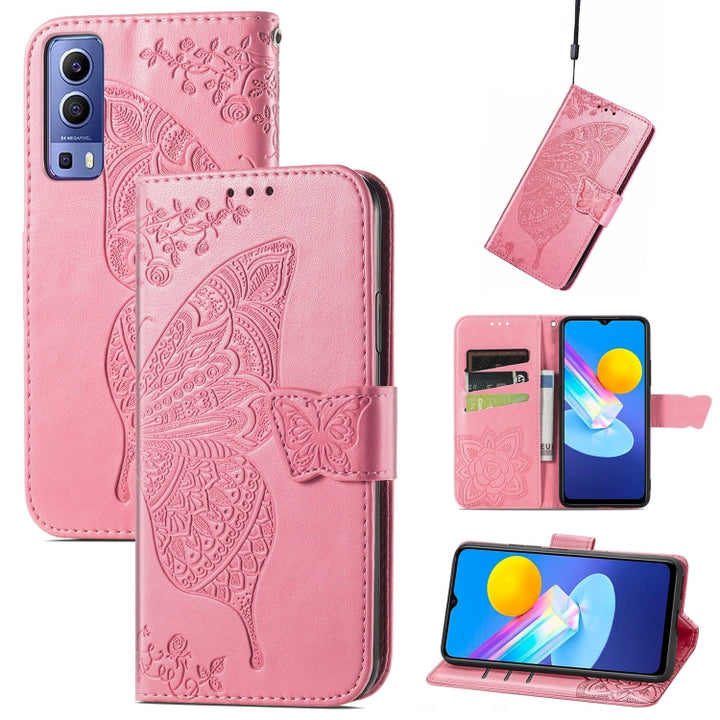 Butterfly Love Flowers Embossed Horizontal Flip Leather Case with Holder & Card Slots & Wallet & Lanyard, For vivo Y72 5G