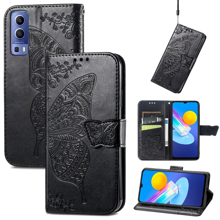 Butterfly Love Flowers Embossed Horizontal Flip Leather Case with Holder & Card Slots & Wallet & Lanyard, For vivo Y72 5G