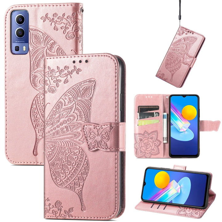 Butterfly Love Flowers Embossed Horizontal Flip Leather Case with Holder & Card Slots & Wallet & Lanyard, For vivo Y72 5G