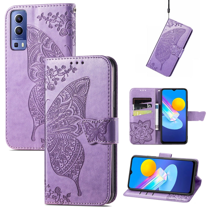 Butterfly Love Flowers Embossed Horizontal Flip Leather Case with Holder & Card Slots & Wallet & Lanyard, For vivo Y72 5G