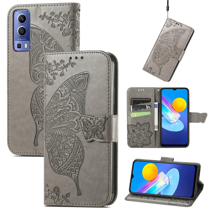 Butterfly Love Flowers Embossed Horizontal Flip Leather Case with Holder & Card Slots & Wallet & Lanyard, For vivo Y72 5G