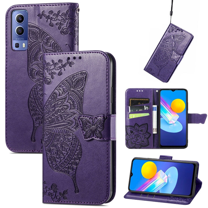 Butterfly Love Flowers Embossed Horizontal Flip Leather Case with Holder & Card Slots & Wallet & Lanyard, For vivo Y72 5G