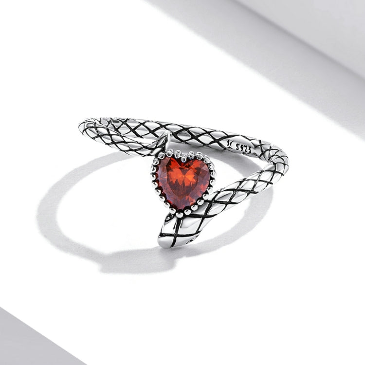 S925 Sterling Silver Retro Snake Heart Zircon Women Open Ring, 6, 7, 8