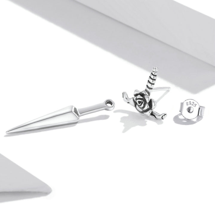 S925 Sterling Silver Rose Dagger Ear Stud Women Earrings, Rose Dagger