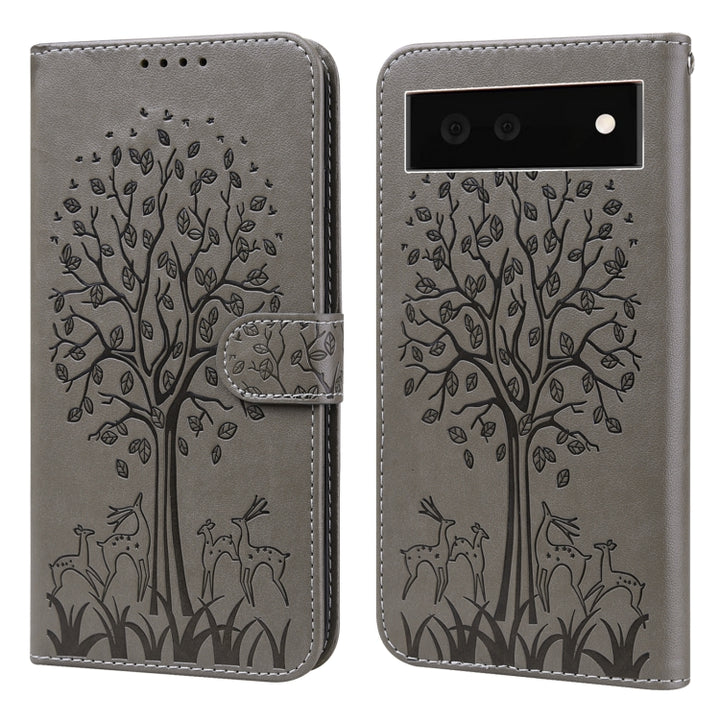 Tree & Deer Pattern Pressed Printing Horizontal Flip Leather Phone Case, For Google Pixel 5a 5G, For Google Pixel 6, For Google Pixel 6 Pro