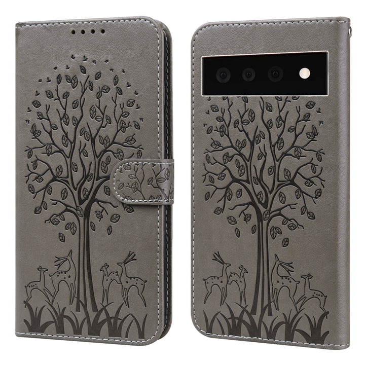 Tree & Deer Pattern Pressed Printing Horizontal Flip Leather Phone Case, For Google Pixel 5a 5G, For Google Pixel 6, For Google Pixel 6 Pro