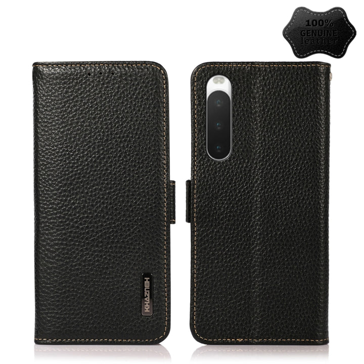 KHAZNEH Side-Magnetic Litchi Genuine Leather RFID Phone Case, For Sony Xperia 10 IV, For Xiaomi Redmi Note 11E / Redmi 10 5G