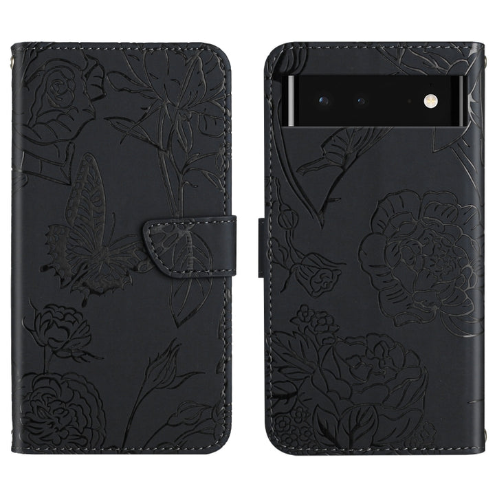 Skin Feel Butterfly Peony Embossed Leather Phone Case, For Google Pixel 6, For Google Pixel 6 Pro, For Google Pixel 6a, For Google Pixel 7 5G, For Google Pixel 7 Pro 5G, For Fujitsu Arrows F-52B