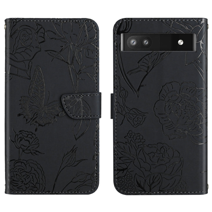 Skin Feel Butterfly Peony Embossed Leather Phone Case, For Google Pixel 6, For Google Pixel 6 Pro, For Google Pixel 6a, For Google Pixel 7 5G, For Google Pixel 7 Pro 5G, For Fujitsu Arrows F-52B