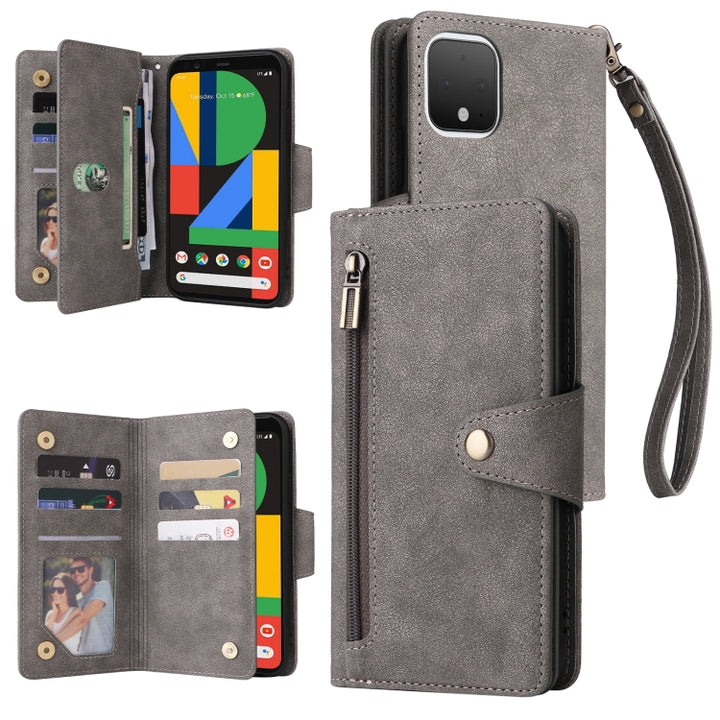 Rivet Buckle 9 Cards Three Fold Leather Phone Case, For Google Pixel 3A, For Google Pixel 3A XL, For Google Pixel 4, For Google Pixel 4A 4G, For Google Pixel 4A 5G, For Google Pixel 4 XL