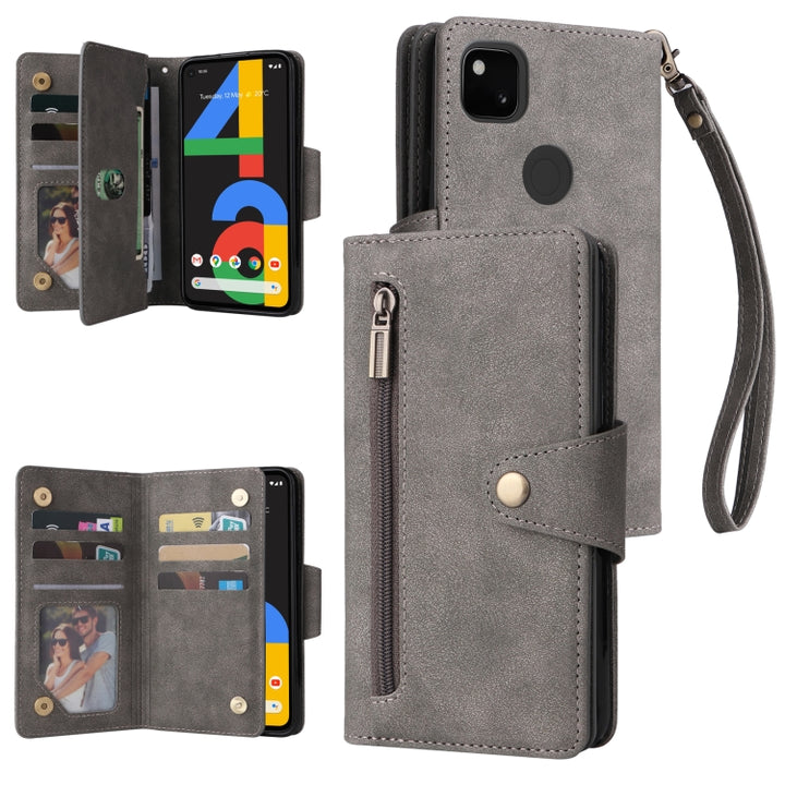 Rivet Buckle 9 Cards Three Fold Leather Phone Case, For Google Pixel 3A, For Google Pixel 3A XL, For Google Pixel 4, For Google Pixel 4A 4G, For Google Pixel 4A 5G, For Google Pixel 4 XL