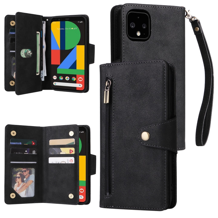 Rivet Buckle 9 Cards Three Fold Leather Phone Case, For Google Pixel 3A, For Google Pixel 3A XL, For Google Pixel 4, For Google Pixel 4A 4G, For Google Pixel 4A 5G, For Google Pixel 4 XL