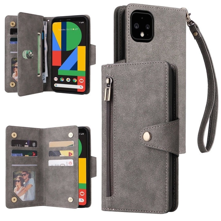 Rivet Buckle 9 Cards Three Fold Leather Phone Case, For Google Pixel 3A, For Google Pixel 3A XL, For Google Pixel 4, For Google Pixel 4A 4G, For Google Pixel 4A 5G, For Google Pixel 4 XL