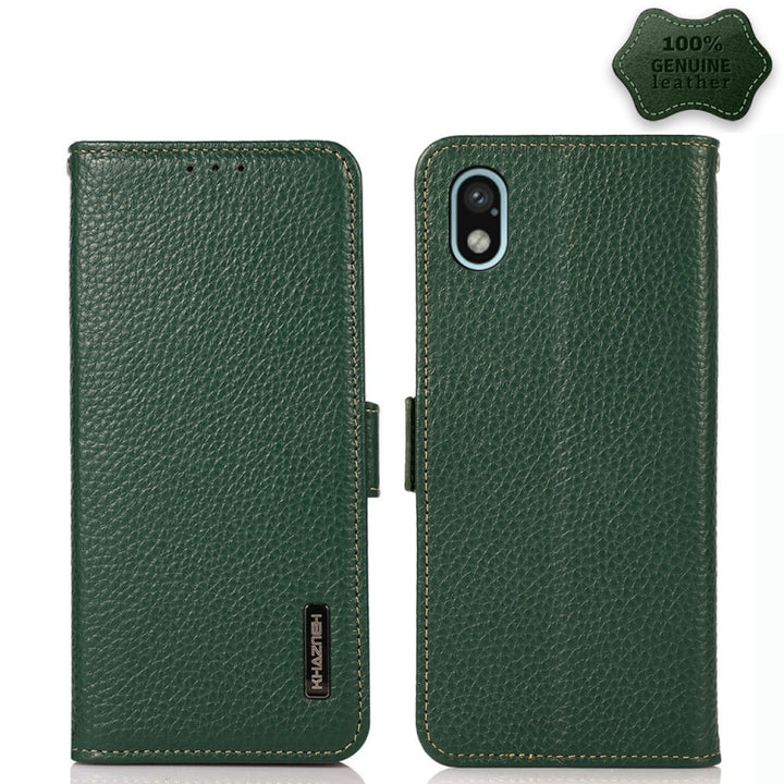 KHAZNEH Side-Magnetic Litchi Genuine Leather RFID Phone Case, For Xiaomi Redmi 10A, For Sony Xperia Ace III, For Kyocera Android One S9, For Samsung Galaxy F23 / M23