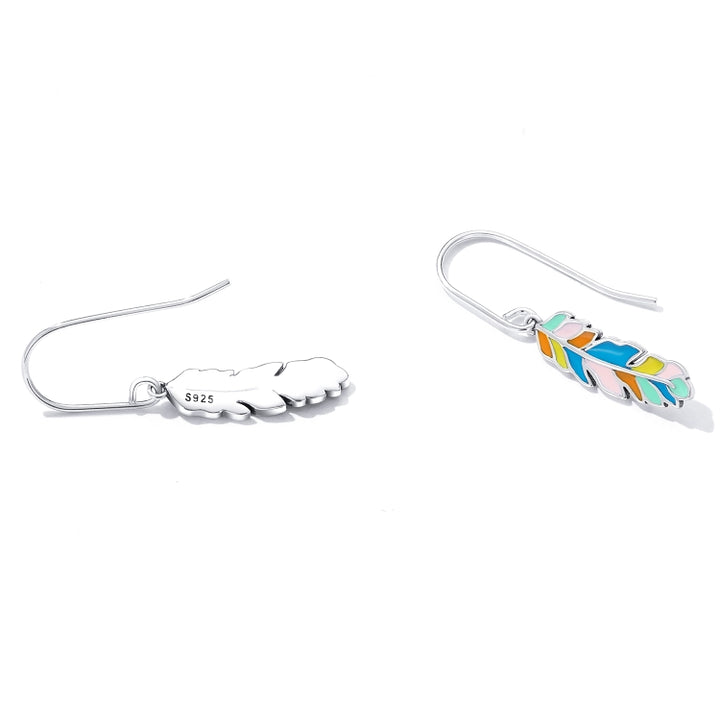 S925 Sterling Silver Colorful Feather Ear Hook Women Earrings, Colorful Feather