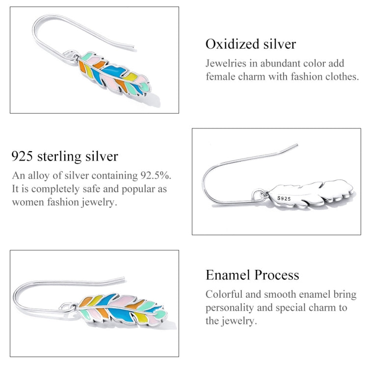 S925 Sterling Silver Colorful Feather Ear Hook Women Earrings, Colorful Feather