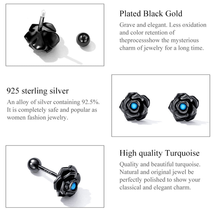 S925 Sterling Silver Black Rose Ear Stud Women Earrings, Black Rose