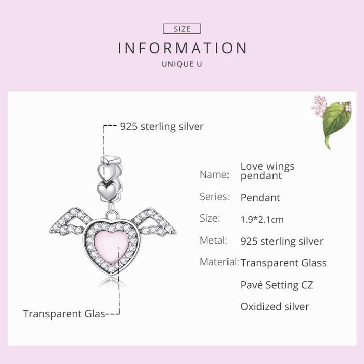 S925 Sterling Silver Heart Wing Pendant DIY Bracelet Necklace Accessories, Heart Wing