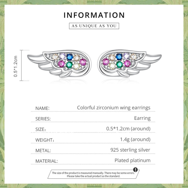 S925 Sterling Silver Colorful Zircon Wing Ear Stud Women Earrings, Zircon Wing