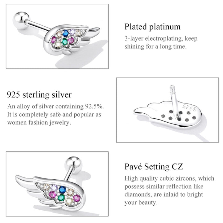 S925 Sterling Silver Colorful Zircon Wing Ear Stud Women Earrings, Zircon Wing